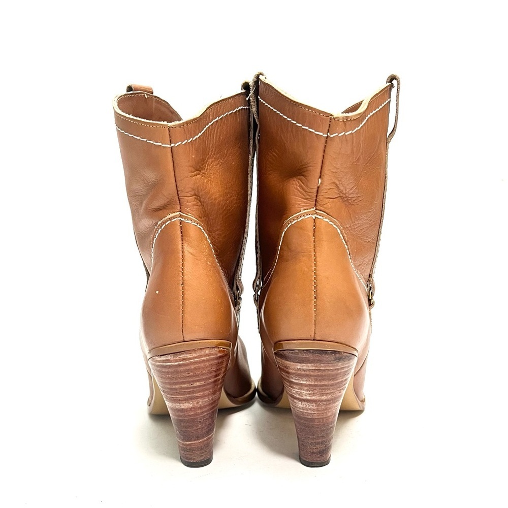 Vintage 1970s tan leather wooden stacked heel western pull on ankle boots - Picture 8 of 9